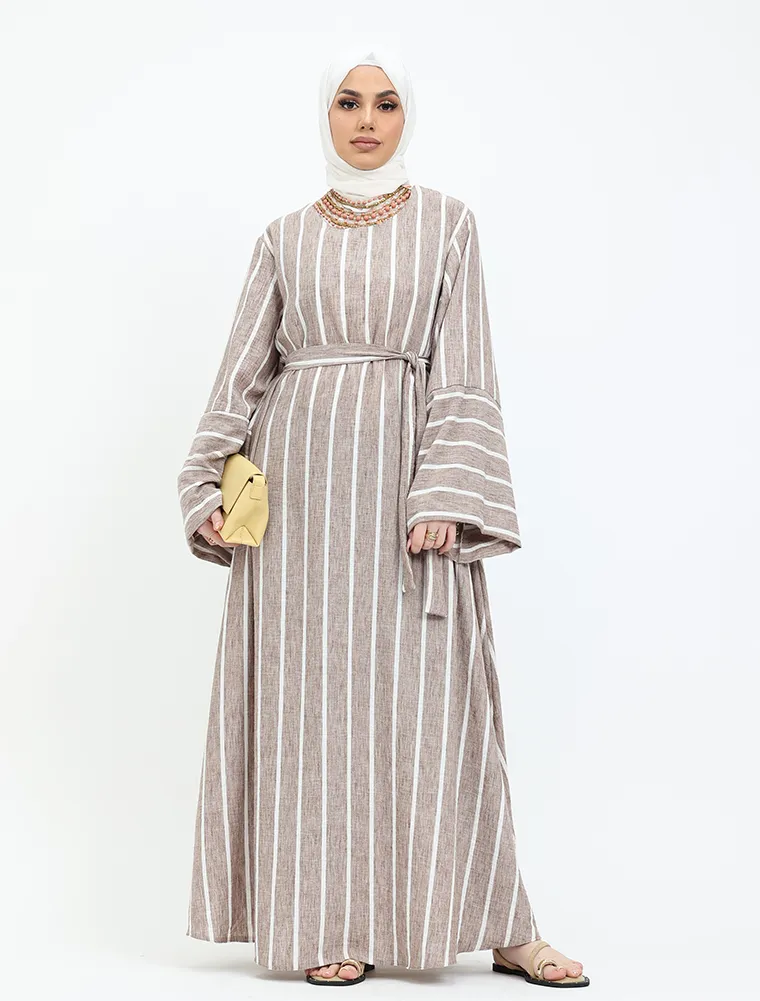 Mocha Linen Feel Striped Belted Abaya